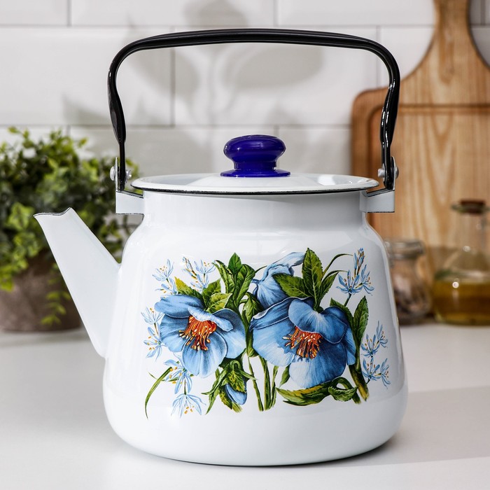 Чайник с кнопкой «Цветы синие», 3,5 л, индукция, цвет белый - фото 1907032540