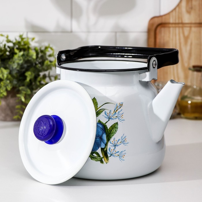 Чайник с кнопкой «Цветы синие», 3,5 л, индукция, цвет белый - фото 1907032541