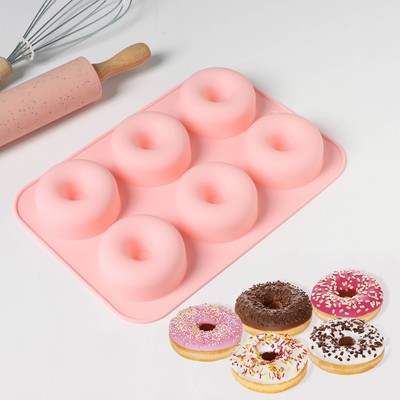 Форма для выпечки Доляна «Пончик», силикон, 26×18 см, 6 ячеек, 7×2,8 см, цвет розовый