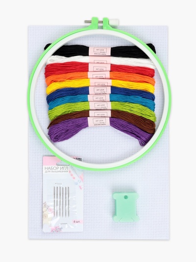 Набор для вышивания крестиком: канва без рисунка 30×20 см, нитки 10 шт, пяльцы d = 18 см, иглы 6 шт, шпульки 10 шт, цвет МИКС