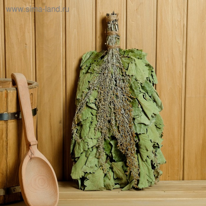 Веник для бани дубовый с полынью, в индивидуальной упаковке - Фото 1