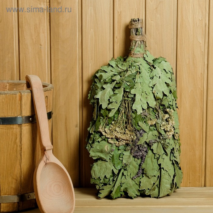 Веник для бани дубовый с букетом трав, в индивидуальной упаковке - Фото 1