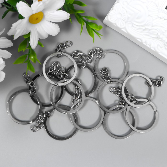 Основа для брелока кольцо плоское металл с цепочкой серебро 3,2х3,2 см набор 12 шт - Фото 1