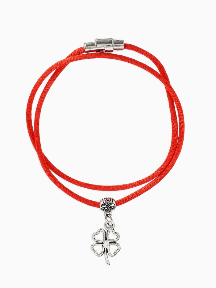 Браслет-оберег «Красная нить», на удачу, клевер контурный, цвет серебро, 23 см
