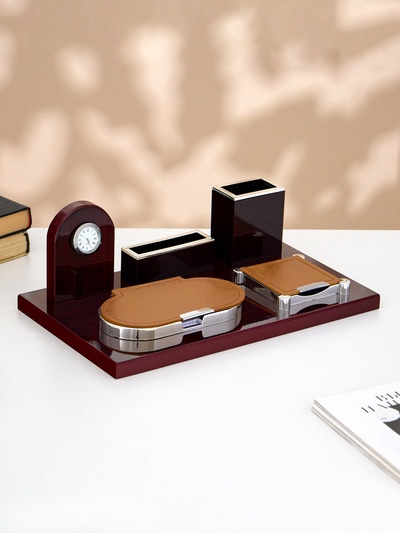 Набор настольный, органайзер 5 в 1 с визитницей и часами, 34×20×13 см