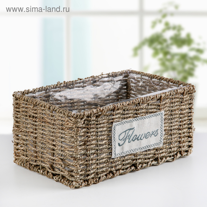 Кашпо плетёное с плёнкой "Цветы", прямоугольное, цвет коричневый - Фото 1