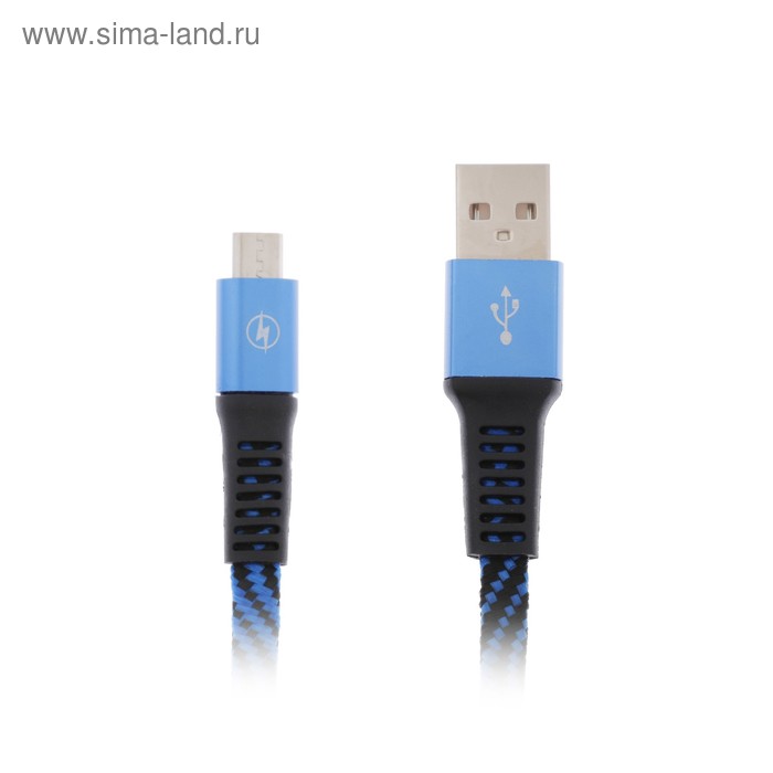 Кабель LuazON, micro USB - USB, 1 А, 1 м, плоский, оплётка нейлон, синий - Фото 1