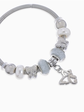Браслет с жемчугом «Марджери» бабочка, серебристо-белый в серебре, d=6.5 см