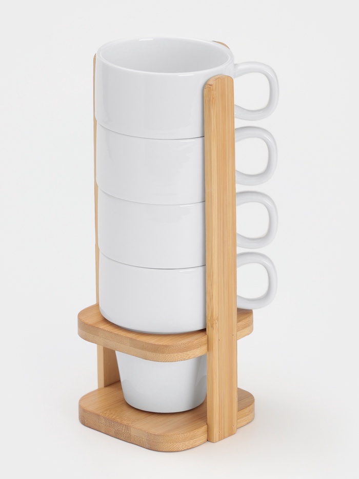 Набор кружек BellaTenero, 4 предмета: 200 мл, на бамбуковой подставке, фарфор, белый - Фото 1