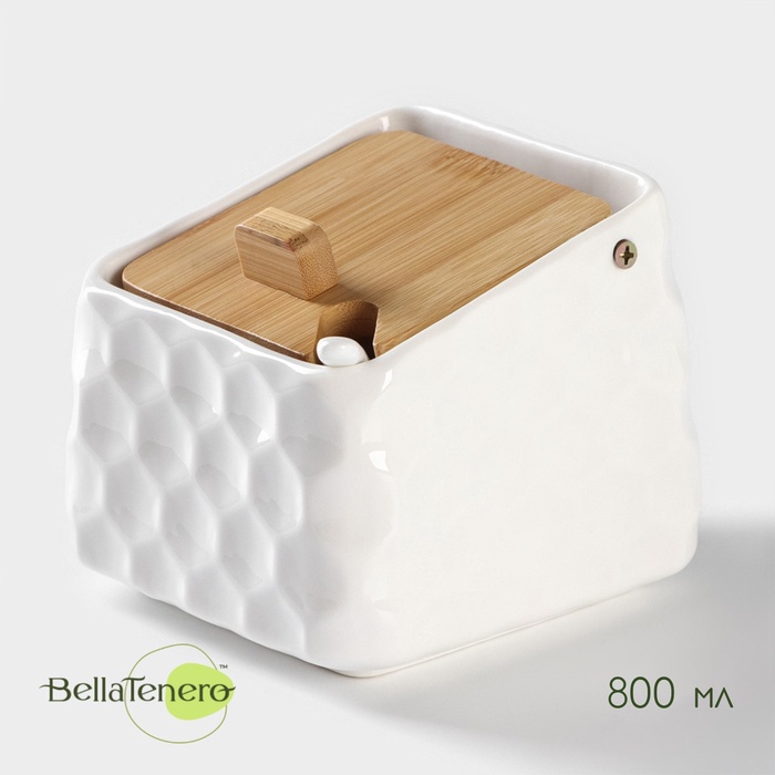 Банка для сыпучих BellaTenero, 800 мл, 14.5×11 см, с ложкой, с бамбуковой крышкой, фарфор, белая - Фото 1