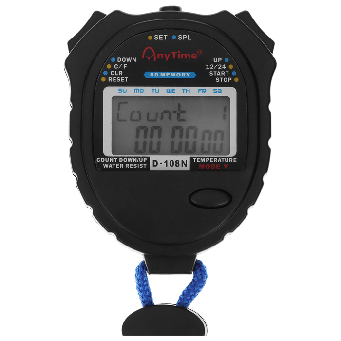 Секундомер, 8.2×6.5×2 см, 60 отсечек, обратный отсчёт, часы, календарь - Фото 1
