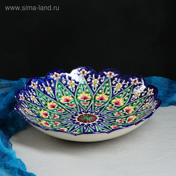 Ляган Риштанская Керамика "Цветы", 33 см, синий, рифлёный - Фото 1
