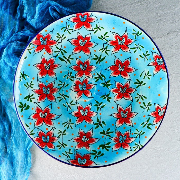 Ляган Риштанская Керамика "Цветы", 41 см, голубой - фото 1905586300