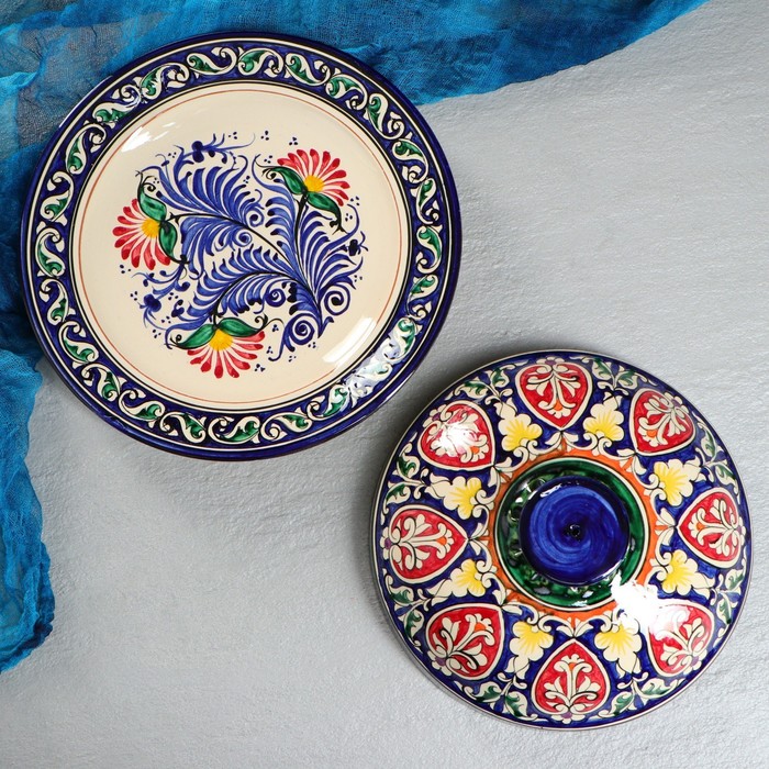 Блинница Риштанская Керамика "Цветы", 26 см, синий - фото 1890864929