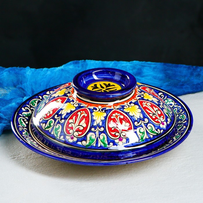 Блинница Риштанская Керамика "Цветы", 26 см, синий - фото 1890864930