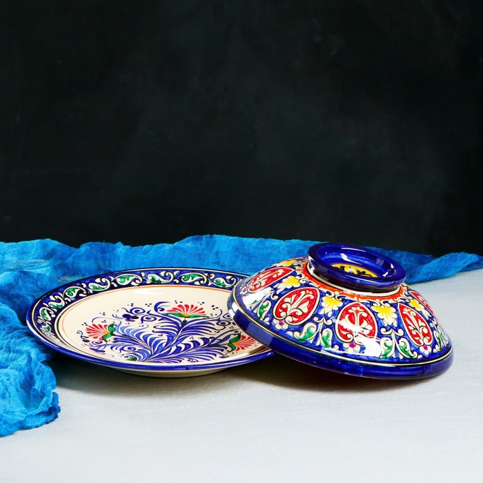 Блинница Риштанская Керамика "Цветы", 26 см, синий - фото 1890864931