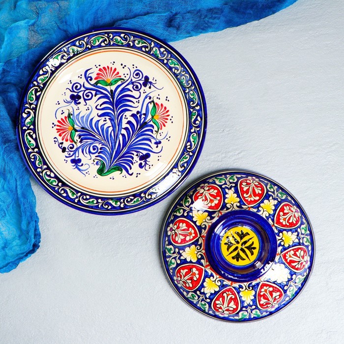 Блинница Риштанская Керамика "Цветы", 26 см, синий - фото 1890864932