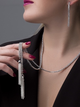 Набор 2 предмета: серьги, кулон "Элегантность" кисточки, цвет белый в серебре, 100 см