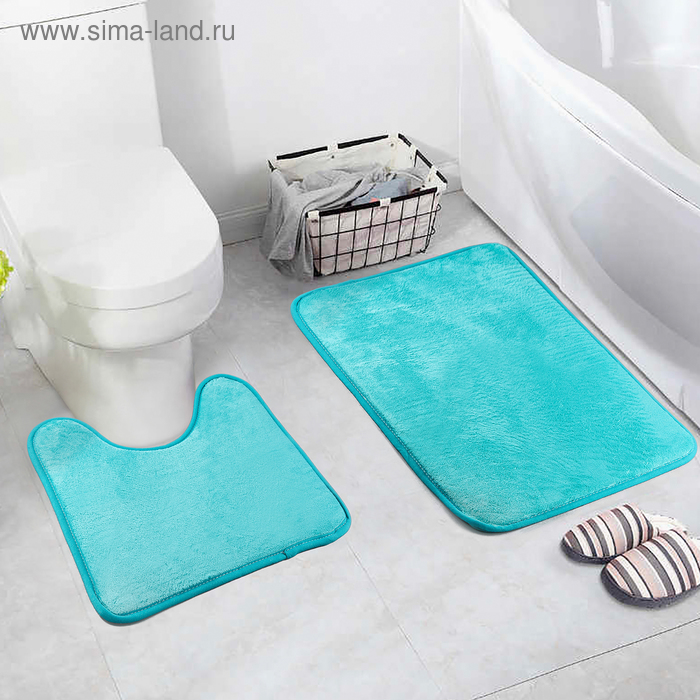 Набор ковриков для ванной и туалета Доляна «Мини», 2 шт: 40×40, 40×60 см, цвет морской волны - Фото 1