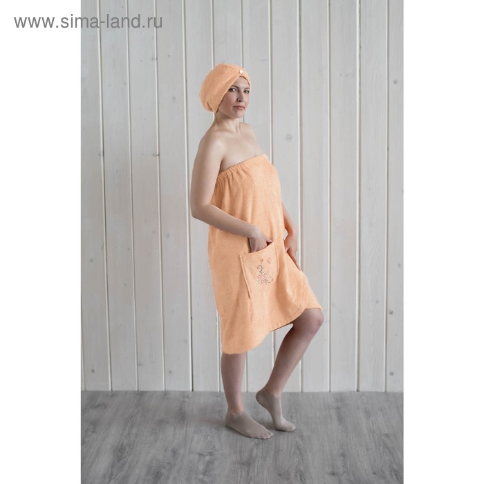 Набор женский для сауны (парео+чалма) с вышивкой, персиковый