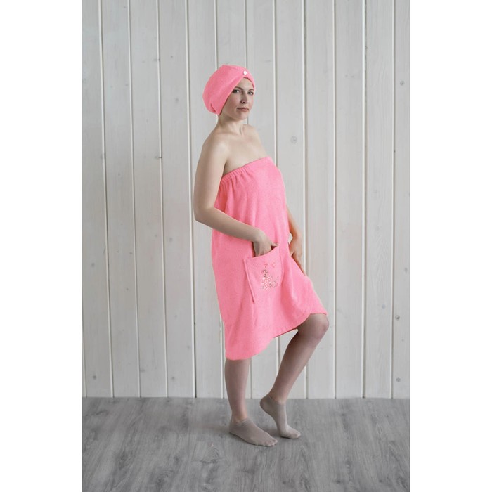 Набор женский для сауны (парео+чалма) с вышивкой, розовый