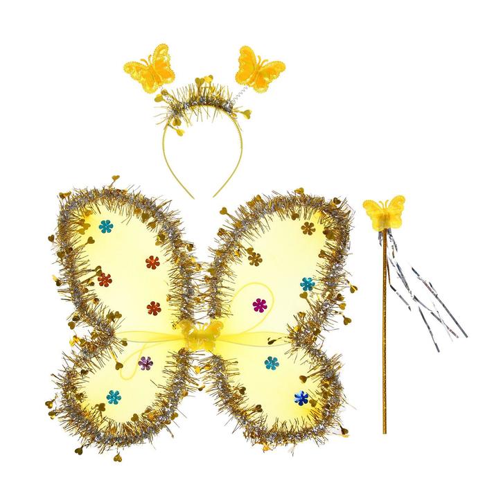 Карнавальный набор «Бабочка», 3 предмета: крылья, ободок, жезл, цвет золотой - Фото 1