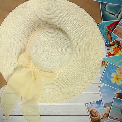 Шляпа пляжная "Муза" с бантом, цвет сливочный, цвет бежевый, обхват головы 58 см, ширина полей 15 см