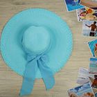 Шляпа пляжная "Муза" с бантом, цвет голубой, цвет бежевый, обхват головы 58 см, ширина полей 15 см - Фото 1