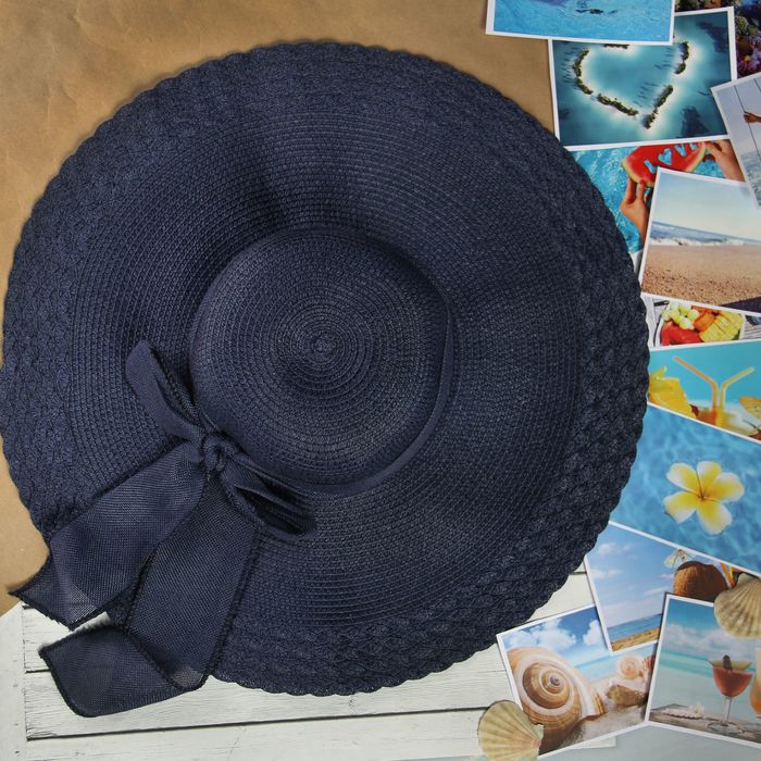 Шляпа пляжная "Муза" с бантом, цвет тёмно-синий, цвет бежевый, обхват головы 58 см, ширина полей 15 см - Фото 1