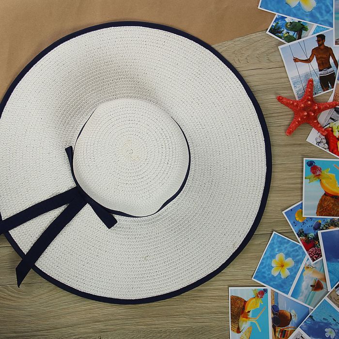 Шляпа пляжная "Юнона" с синим бантом, цвет сливочный, обхват головы 58 см, ширина полей 14 см - Фото 1