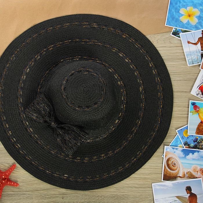 Шляпа пляжная "Бант" с золотой тесьмой, цвет чёрный, обхват головы 58 см, ширина полей 14 см - Фото 1