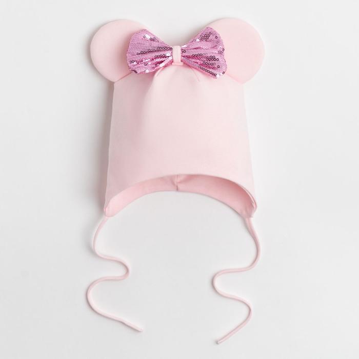 Шапка для девочки «Мышка», цвет пудра/бантик, размер 42-46 - фото 1907036483