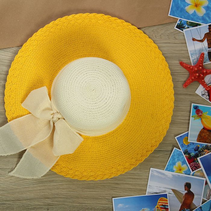 Шляпа пляжная "Эмма" с бантом, цвет жёлтый, обхват головы 58 см, ширина полей 11 см - Фото 1