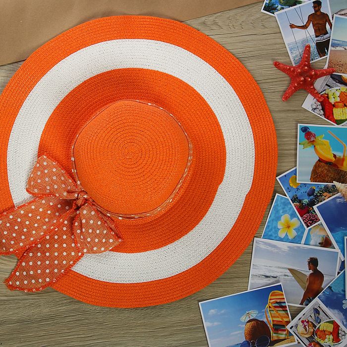 Шляпа пляжная "Анна" с бантом в горошек, цвет оранжевый, обхват головы 58 см, ширина полей 12 см - Фото 1