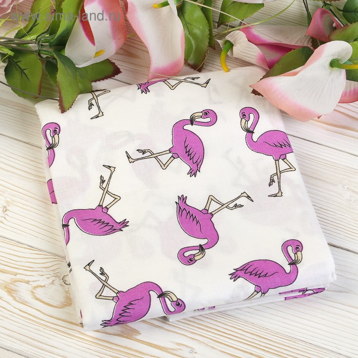 Простыня на резинке, размер 75×125×12 см,  поплин, принт фламинго
