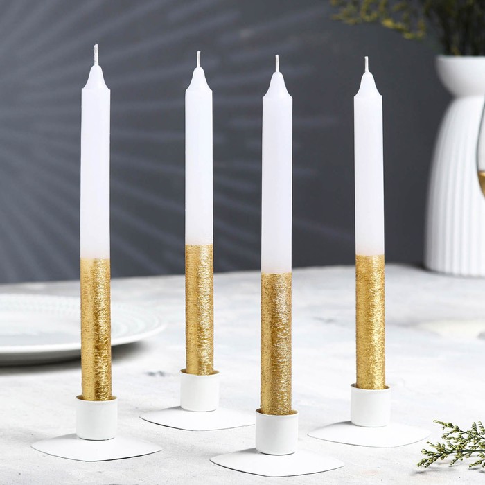 Набор свечей классических,1,9х 20 см, 4 шт, бело-золотой металлик - Фото 1