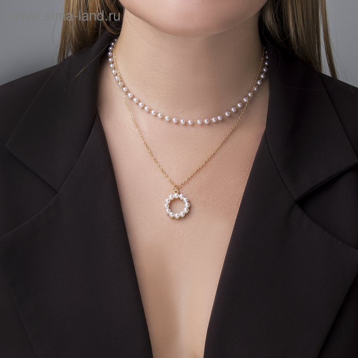 Кулон на цепочке с жемчугом «Цепь», олимпия, круг, белый в золоте, 40 см - Фото 1