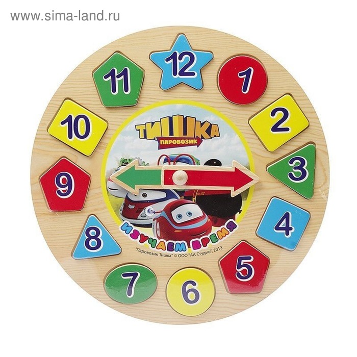 Пазл деревянный ТИШКА ПАРОВОЗИК «Часы с геометрией и цифрами»