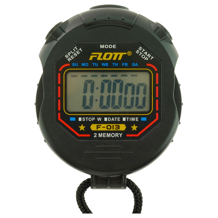 Секундомер FLOTT, 7.7×6.2×1.9 см, 2 отсечки, будильник, часы, календарь