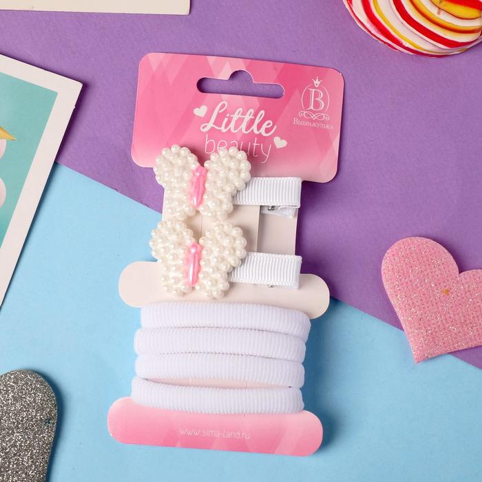 Набор для волос «Манюня», 6 шт.: 2 зажима, 4 резинки, бабочки, белый - Фото 1