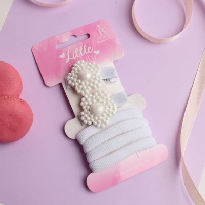 Набор для волос «Манюня». 2 зажима, 4 резинки. цветочки. белый