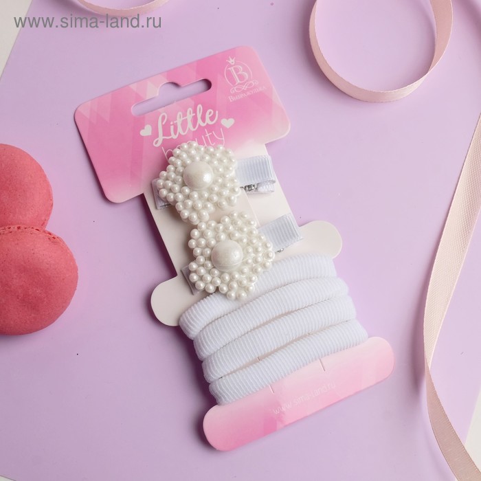 Набор для волос «Манюня». 2 зажима, 4 резинки. цветочки. белый - Фото 1