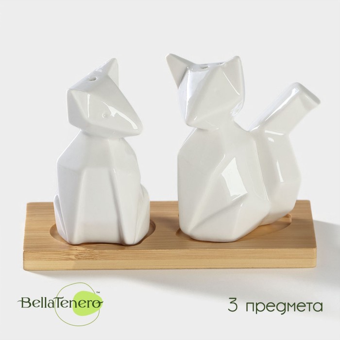 Набор фарфоровый для специй на деревянной подставке BellaTenero «Лисы», 2 предмета: солонка 80 мл, перечница 80 мл, цвет белый