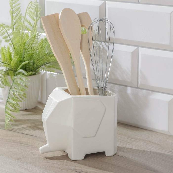 Набор кухонный на фарфоровой подставке Доляна «Слонёнок», 5 предметов, цвет белый - Фото 1