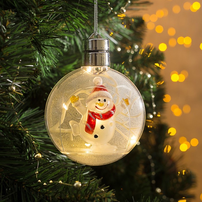 Ёлочный шар «Снеговик», батарейки, 5 LED, свечение тёплое белое - фото 1895289298