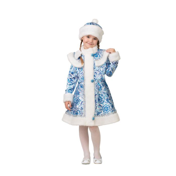Карнавальный костюм Снегурочка сатин Гжель 2 , пальто, шапка, р.56, р110 см 8082-110-56