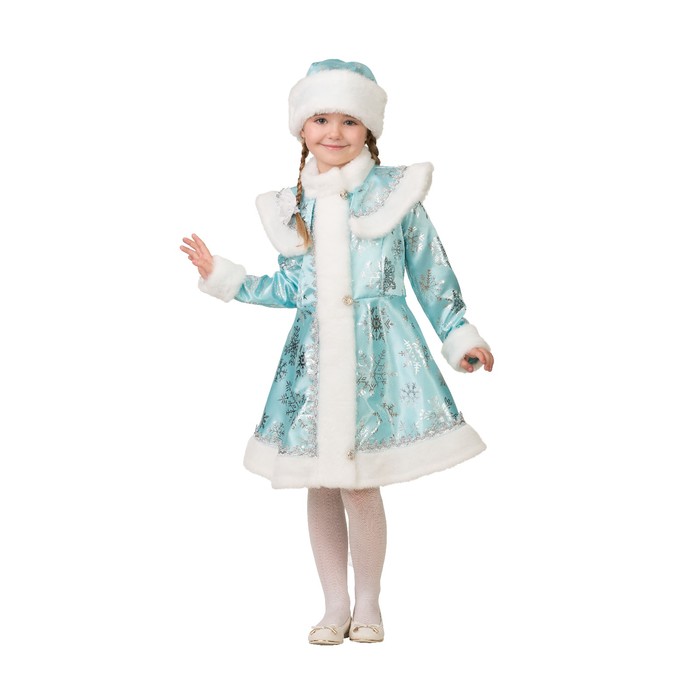Карнавальный костюм «Снегурочка снежинка», сатин, пальто, шапка, р. 34, рост 134 см, бирюза