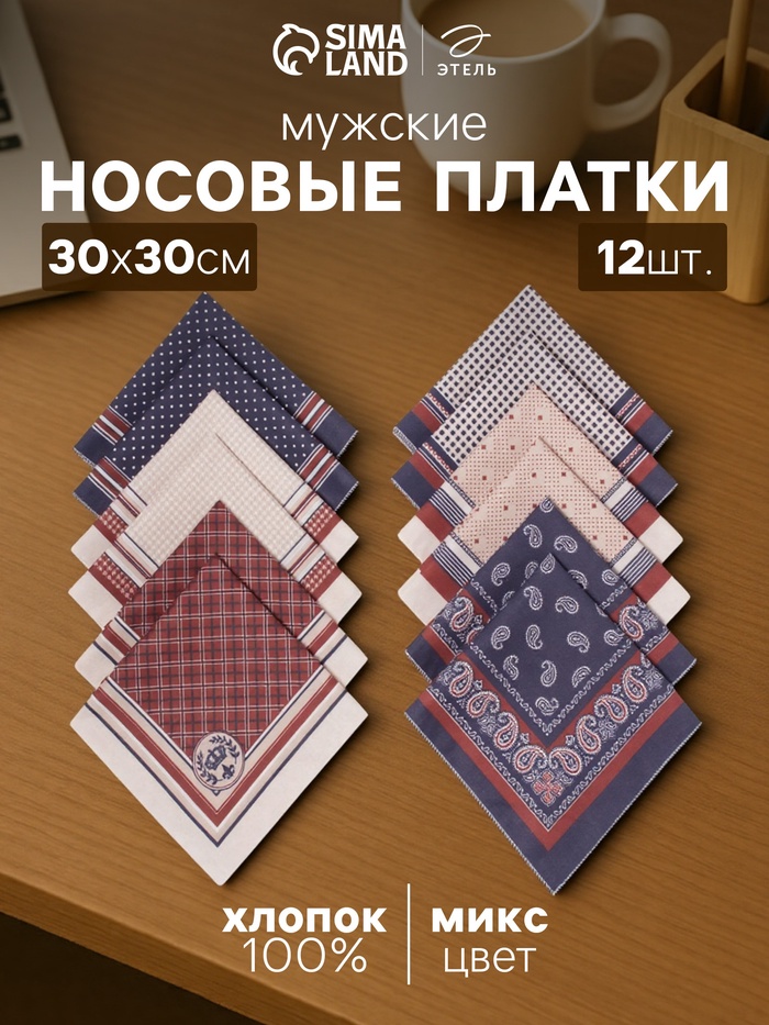 Платки носовые мужские «Этель», размер 30×30 см, набор 12 шт., принт МИКС, 100% хлопок - Фото 1