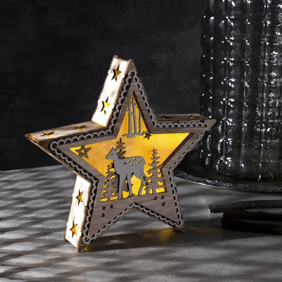 Светодиодная фигура «Звезда с оленем» 21 × 21 × 5 см, дерево, батарейки АААх2 (не в комплекте), свечение тёплое белое