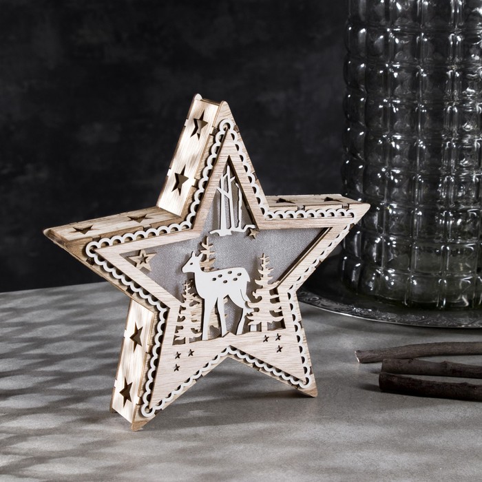 Светодиодная фигура «Звезда с оленем» 21 × 21 × 5 см, дерево, батарейки АААх2 (не в комплекте), свечение тёплое белое - фото 1886423083